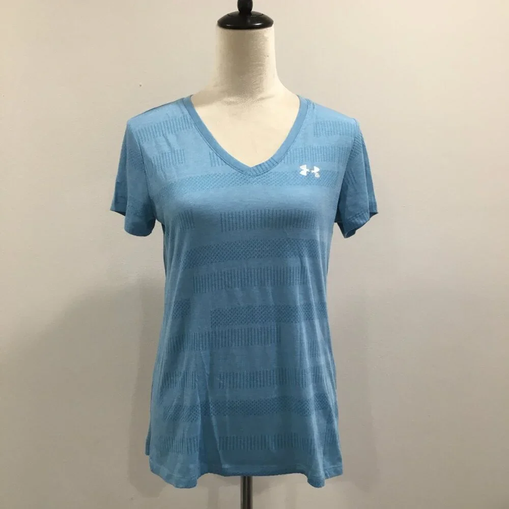 UNDER ARMOUR Short Sleeve Blue V Neck HeatGear Moisture Wick Stretch Shirt Top - Picture 4 of 8